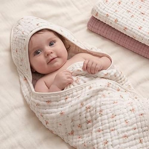 Blissful Diary Muslin Baby Hooded Towel 2 Pack, Soft & Absorbent Bath Towel for Baby Girls, Infant Gift, Newborn Essentials, Pink Floral & Light Pink