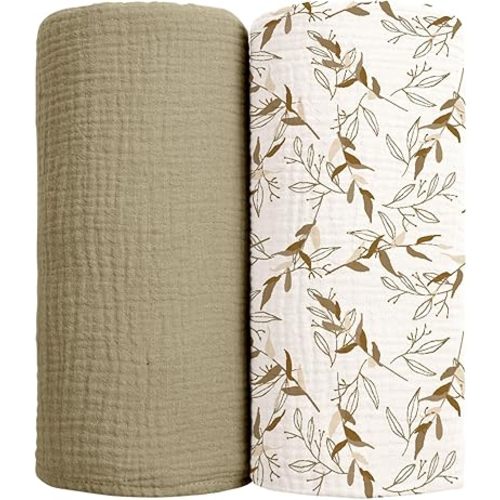 lulumoon Muslin Swaddle Blankets for Baby: Cotton & Soft Receiving Blanket for Newborn with Branche Printed- Neutral Gift for Baby Shower 2pack(Olive Branche)