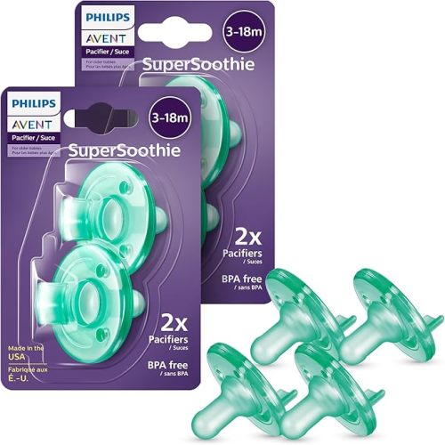 Philips Avent Soothie Orthodontic Baby Pacifiers, 100% Silicone Pacifiers, One Piece, BPA-Free, For Babies 3-18 Months, Green, 4 Pack, Model SCF192/45