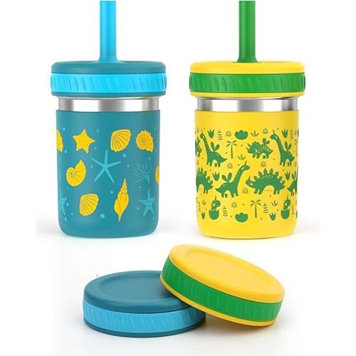 Sursip Toddler Sippy Cups with Straws and Lids, Spill Resistant Stainless Steel Kids Tumbler with Silicone Straws for Smoothie, Drinking, Snacks, BPA-Free, Dishwasher Safe - 10 oz (2 Packs)