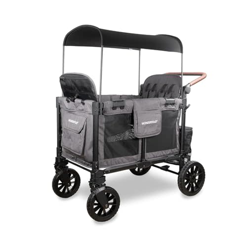 WonderFold W4 Luxe Pro Stroller Wagon, Aluminum Frame, 4 Seater, Gray | Collapsible Stroller Wagon with an Adjustable Canopy & Push Handle, XL All-Terrain Wheels & 5-Point Harnesses for Kids