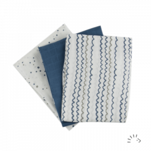 Popolini Organic Cotton Muslin Cloths 3 pack Starry Sea - Earthmother.ie