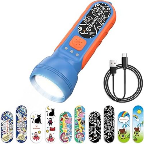 ETENWOLF L1 Rechargeable Flashlight for Kids,LED Flashlight with Fun DIY Stickers, 6 Light Modes, Adjustable Brightness, 1500mAh Battery, IPX5 Waterproof Flashlight for Camping, Home & Emergency