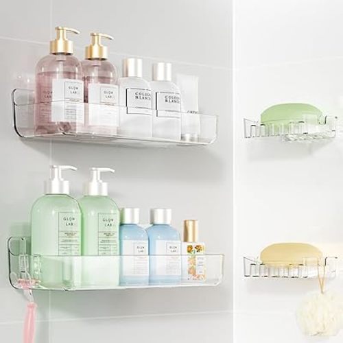 Sotfamily Crystal-Clear Shower Caddy with Soap Dish & Adhesive Pads, 2 Pack