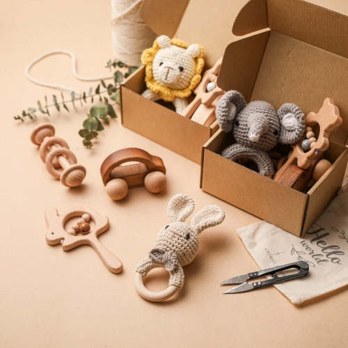 4-Piece Wooden & Crochet Baby Rattle Set