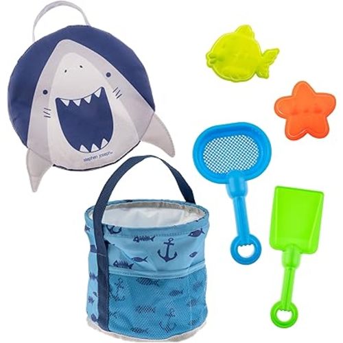 Stephen Joseph, Collapsible Beach Buckets for Kids, Foldable Sand Bucket, Shovels with Beach Bag Toys, Sand Pails for Toddlers Beach Toys, Family Beach Vacation, Shark