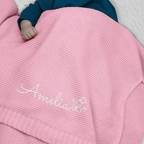 Personalized Baby Blanket, Embroidered Name, 100% Cotton Handmade Custom Blanket, 350GSM Knit Blankets, Newborn Boy Or Girl Baby Gift