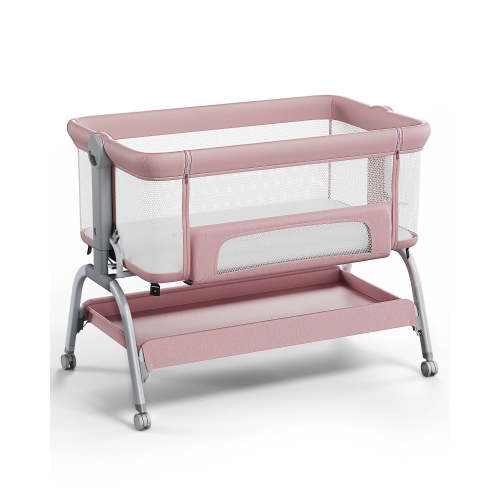 Babyomi 3 In 1 Baby Bassinet, Portable Playard With Storage Basket and Wheels, Adjustable Height Bassinet Bedside Sleeper, Easy Folding Portable Crib for Newborn, Pink