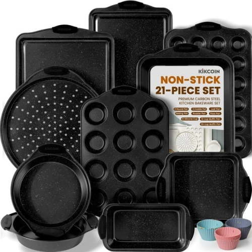 Kikcoin Bakeware Set, 21-Piece Baking Pans Set Carbon Steel Baking Sheet Pans for Kitchen with Silicone Handles, Nonstick Cookie Sheets