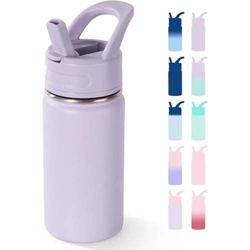 12oz Kids Water Bottle for School, Toddler Bottles with Straws, Stainless Steel Vacuum Insulated Water Bottle for Boys&Girls, Leak-Proof, BPA-Free, Purple