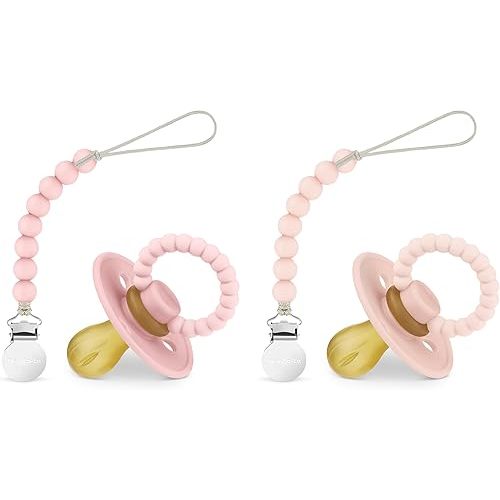 Luladream Pacifier and Clip Set - Natural Rubber Nipple - Soft Teething Handle - for Infants Baby's and Toddlers, 0-18 Months (Blush Pink + Rose Petal + Clips)