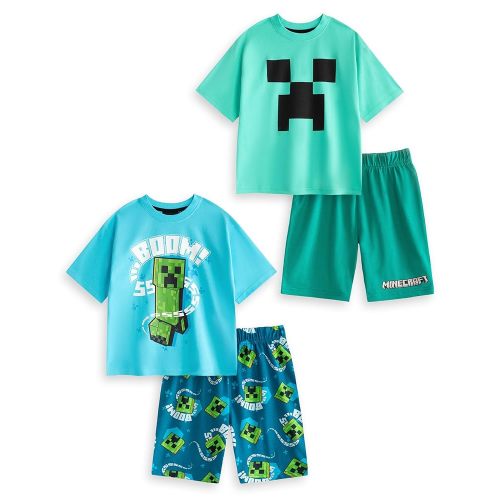 Minecraft Creeper Boys Multi-Pack of 2 Short Sleeve Pyjama Sets | Blue & Green Cartoon PJs | Short Leg Sleepwear