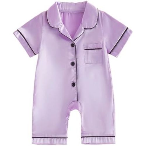 Multitrust Newborn Baby Boy Girl Silk Pajamas Short Sleeve Button Up Satin Pjs One Piece Romper Onesie Shorts Baby Sleepwears