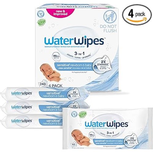 WaterWipes Sensitive+ Newborn & Baby Wipes, 3-In-1 Cleans, Cares, Protects, 99.9% Water, Unscented & Hypoallergenic, 240 Count (4 Packs)