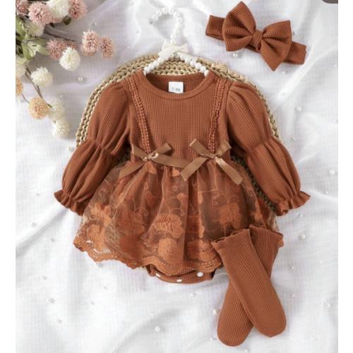 1pc Baby Girl Cute Long Sleeve Waffle Knit & Mesh Patchwork Romper With Headband And Socks, Thin Spring/Autumn | SHEIN USA