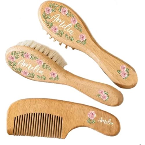 3Pcs Personalized Wooden Baby Hairbrush Set, Custom Name Baby Keepsake Wood Bristle Toddler Comb Cradle Cap Brush for Girl or Boy Baby Shower Gifts (StyleA)