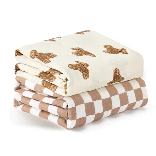 insular Muslin Swaddle Blankets for Boys Girls, 2 Pack Receiving Baby Blanket Large 47 x 47 inches, Soft Breathable Swaddling Wrap for Unisex Newborn, Teddy Bear&Checkered