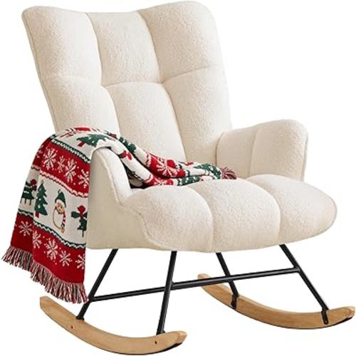 Zedachica Fauteuil à bascule berceau Teddy Fauteuil à bascule accent rembourré Glissade Rockeur Fauteuil avec accoudoirs Confortable Chaise latérale Coussin rembourré avec dossier haut pour salon