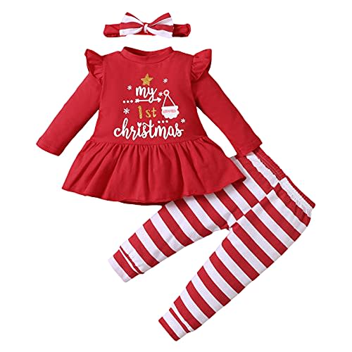Noubeau My 1st Christmas Baby Girl Outfits Ruffle Santa Tree Print Tunic Drees Shirt Plaid Stripe Pants Fall Clothes