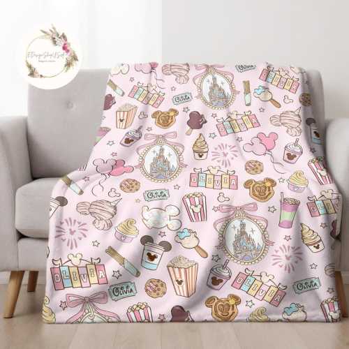 Personalized Coquette Bows Castle Disney Blanket, Mickey Minnie Snack Drink Baby Girl Trip Blanket, Magic Kingdom Birthday Girl Birthday Boy