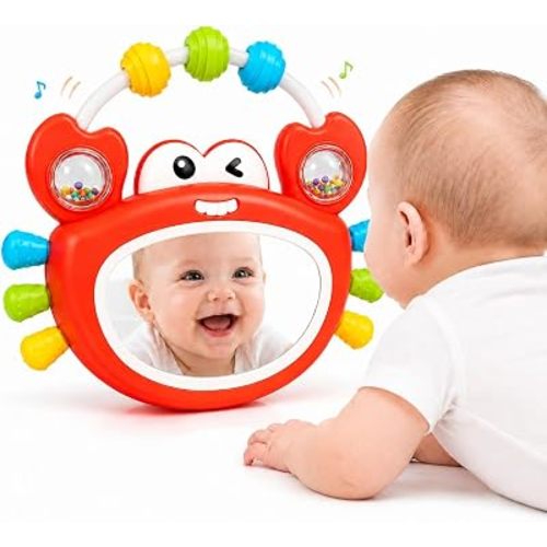 Tummy Time Toys for Babies 0-12 Months, Baby Mirror Toy with Light Music, Infant Sensory Toy with Teether Rattle for Grasping, Developmental Activity Toys for Newborn Baby Gifts Boys Girls