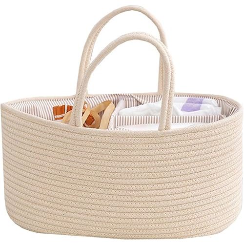 Baby Nappy Caddy, Nappy Organiser, Nursery Bohemian cotton rope storage basket, Portable Car Organizer with Removable Inserts (Beige)