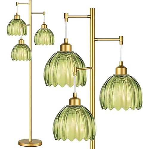 Glass Floor Lamp for Living Room,Bedroom,Gold Mid Century Modern Standing Lamp Brass Tree 3 Light Tall Floor Lamps Vintage Floor Lights Green Tulip Flower Lamp Shade Farmhouse Boho Bohemian