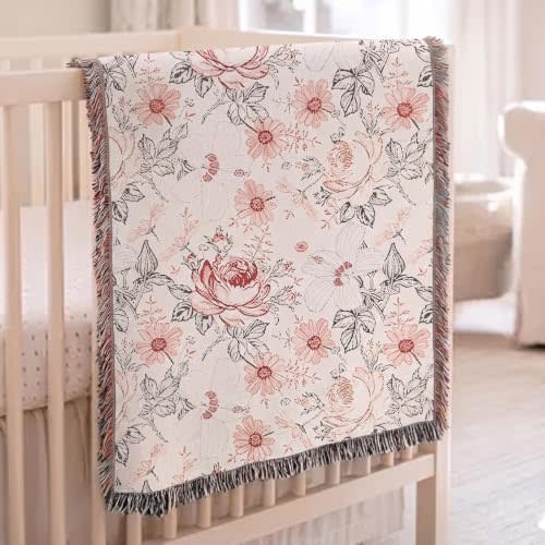 Fanfanwin Vintage Floral Woven Blanket Reversible Cotton Throw Blanket 37 x 52 in Chenille Knitted Rustic Farmhouse Tapestry with Tassels Home Decor for Couch Sofa Bed Nursery