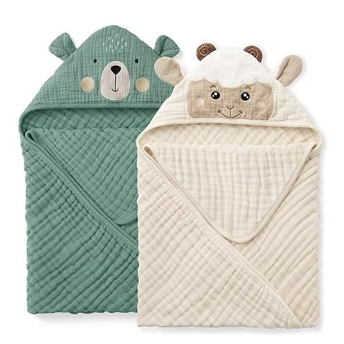 Blissful Diary Muslin Baby Hooded Towel 2 Pack, Soft & Absorbent Bath Towel for Infant, Toddler, Unisex, Baby Gift, Newborn Essentials, Bear & Lamb