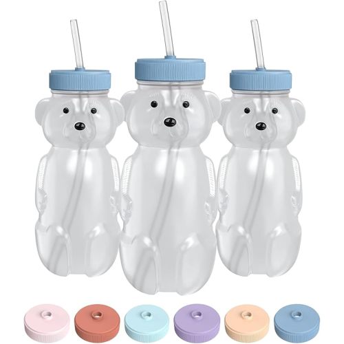 Honey Bear Straw Cup for Babies, 8-oz Honey Bear Cup with Lid, 3-Pack Therapy Learning Honeybear Straw, Baby Bottle Set, Blueberry Pie BLUE