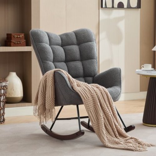 JUSTLET Rocking Chair for Nursery, High Backrest, Comfortable Teddy Padded Seat for Living Room Bedroom Baby Room, Gray