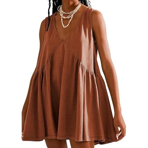 Vestido corto sin mangas con cuello en V para mujer, holgado, plisado, vestido de verano