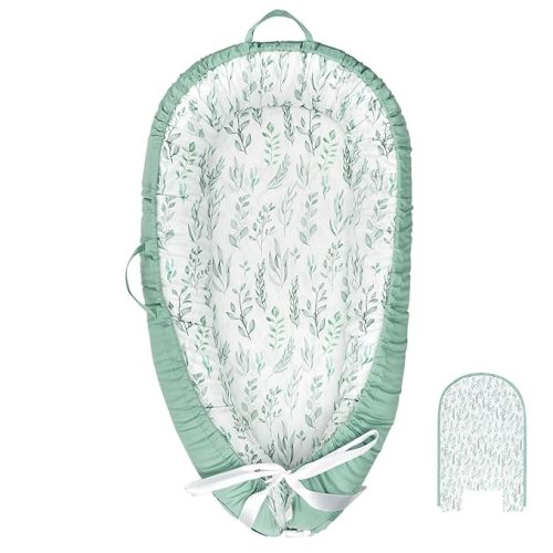 DILIMI Baby Lounger Cover, Cotton Baby Nest Replacement Cover for Girls Boys, Soft Breathable Reversible Newborn Lounger Cover, Green Leaf (Only Cover)