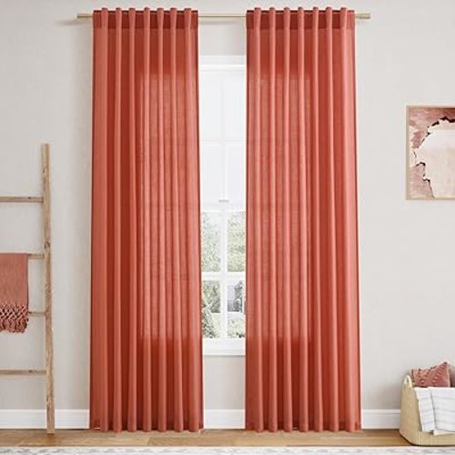 Coral Linen Curtains 84 Inch Length 2 Panels Set Back Tab Rod Pocket Light Filtering Semi Sheer Curtain Textured Neutral Farmhouse Decor Curtains for Bedroom Living Room 52x84
