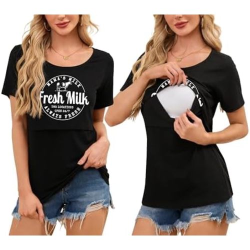 Womens Nursing Tops for Breastfeeding Maternity Shirts Double Layer Pregnancy Clothes Postpartum Short Sleeve Tee Tops