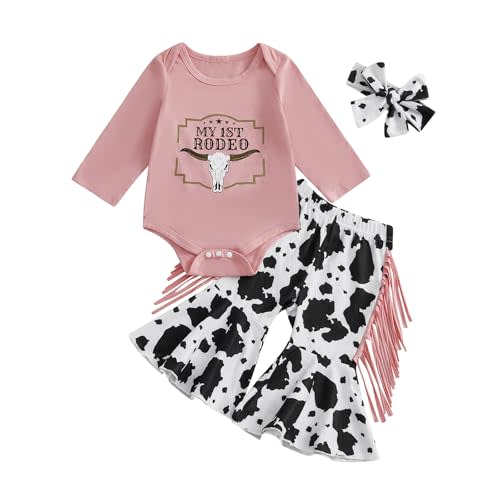 SAYOO Western Baby Girl Clothes Boots or Bows Letter Bodysuit Romper Cow Print Flared Pants Headband Cowgirl Country Outfit