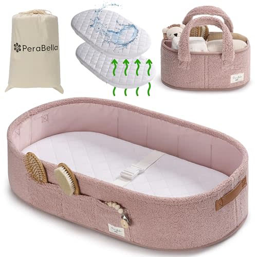 PeraBella Baby Changing Basket for Dresser Top, Baby Moses Basket for Newborn, Portable Diaper Changing Pad Table Topper for Dresser, Includes Diaper Caddy Organizer with Handle, Moses Bassinet Mat | Plush Exterior, Breathable Pad, Waterproof Layer, St...