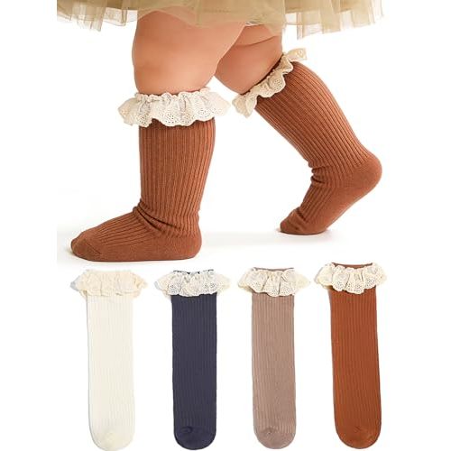 Urieo Toddler Knee High Socks Baby Girl Long Ruffle Socks Princess Uniform Stocking for 1-3T, 4 Pack