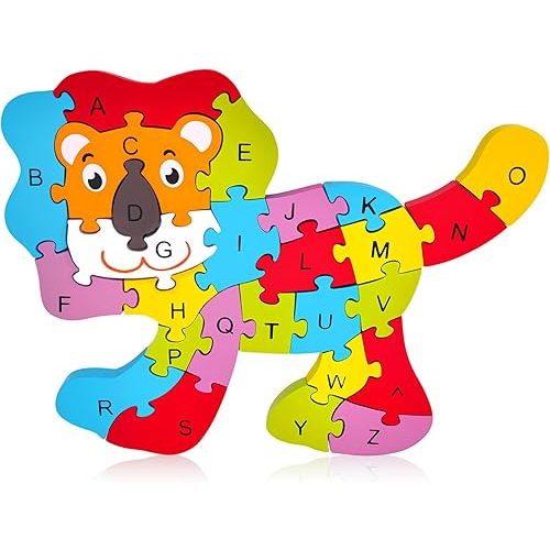 LovesTown Wooden Puzzle Learning Toys Alphabet Number Building Blocks Educational Gift for Preschool Kids Animal Lion Jigsaw 26 PCS