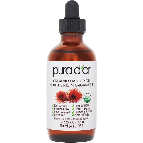PURA D'OR Organic Castor Oil (118 ml) 100% Pure, Cold Pressed, Hexane Free Serum for Healthy Looking Lashes & Brows, and Moisturizes Skin