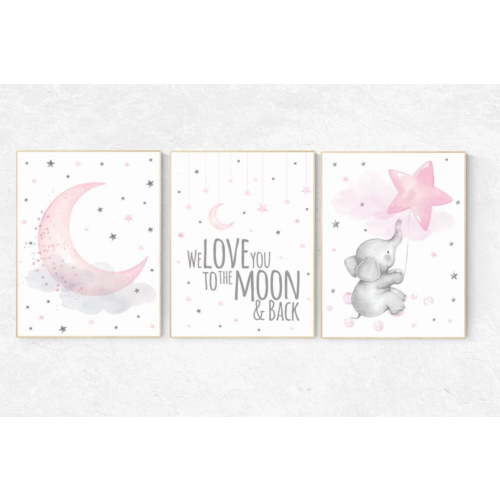 UNFFRAMED Luvia Elephant Nursery Poster Set of 3 Pink And Gray Wall Art Baby Room Decoration With Quote We Love You To The Moon And Back Set 3 Prints 16x24