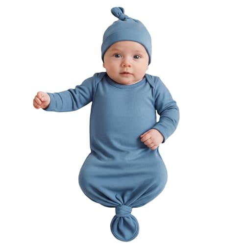 Baby Newborn Knotted Gown 0-6 Months, Super Soft Infant Long Sleeve Sleepwear for Girl and Boy, Baby Coming Home Hospital Outfit with Hat Set Blue