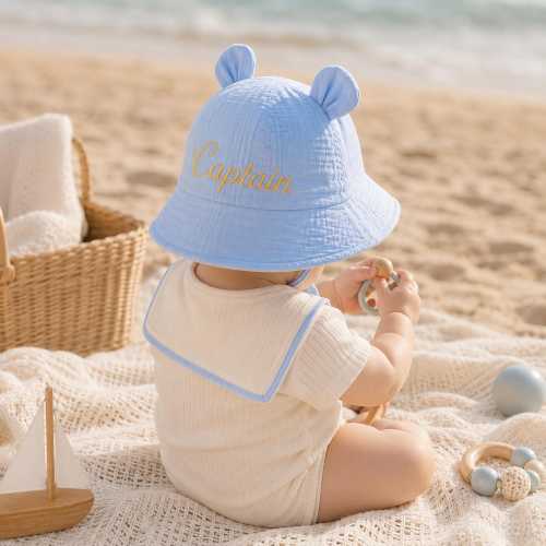 Personalized Baby Sun Hat with Bear Ears, Custom Name Muslin Bucket Hat, Embroidered Toddler Beach Hat, Baby Shower Gift, Summer Baby Hat