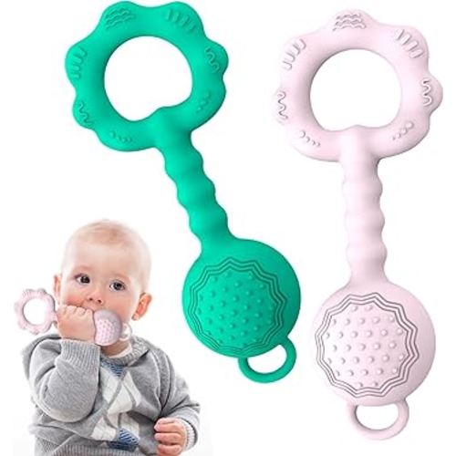 2 Pcs Baby Rattle Teether, 2-in-1 Rattle and Teether Toy for Soothing Sore Gums and Keeps Little Ones Entertained, Food Grade Silicone (Spearmint+Pink)