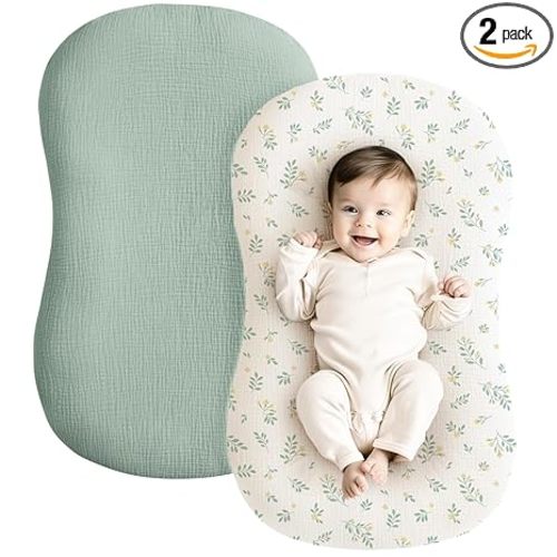 Konssy Muslin Baby Lounger Cover 2 Pack, 100% Cotton Newborn Lounger Cover, Soft and Breathable Lounger Cover for Boys Girls, Covers Only (Leaf,Green)
