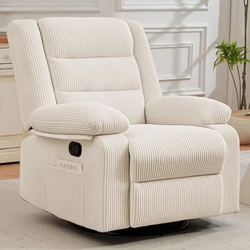 360° Swivel Rocker Recliner Chair for Adults, Nursery Manual Reclining Chair with Arms and Back, Upholstered Glider Rocking with Side Pockets for Living Room, Bedroom Nursing use, Corduroy, Beige