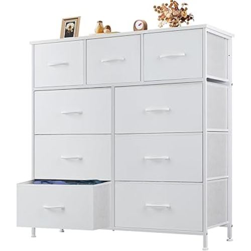 OLIXIS 9 Drawer Storage Dresser with Wood Top - Wide Fabric Chest Organizer for Bedroom, Closet, Living Room,Tower Cabinet, TV Stand, Hallway Entryway Furniture,Bright White