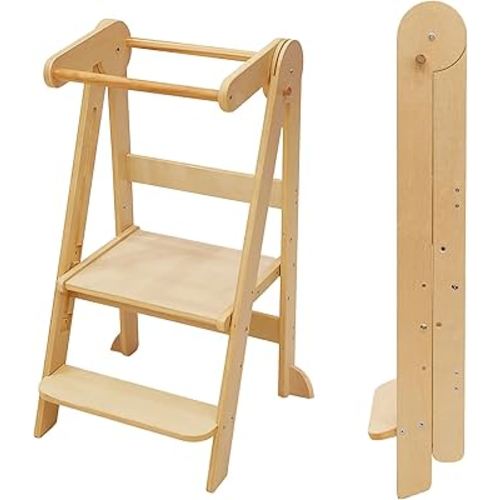 Foldable Toddler Tower Preassembled Kitchen Stool, Folding Tower for Learning with 3 Adjustable Heights Montessori Toddler Standing Tower Collapsible Step Stool for Kids 1.5-6y Natural