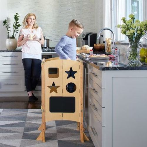 Guidecraft Classic Kitchen Helper Kids' Step Stool - Natural: Foldable And Adjustable Wooden Toddler Tower For Learning With Keeper