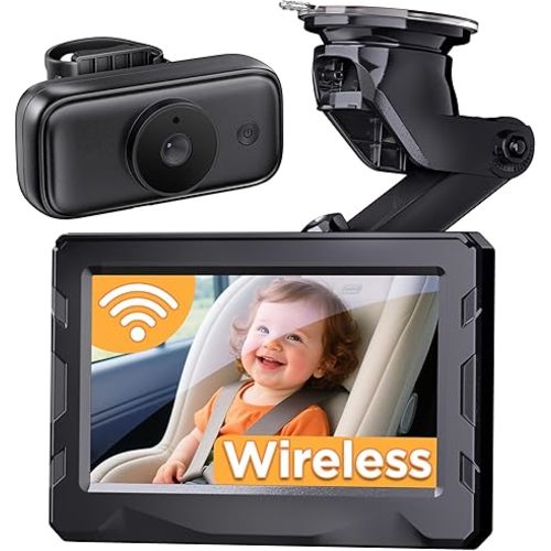 Wireless Baby Car Camera - 40 Hours Rechargeable Battery with Auto Sleep & Night Vision, 4.3'' 1080P HD Video Car Baby Monitor - 360° Rotating Rear Facing Back Seat Cam, Newborn Essential New Mom gift